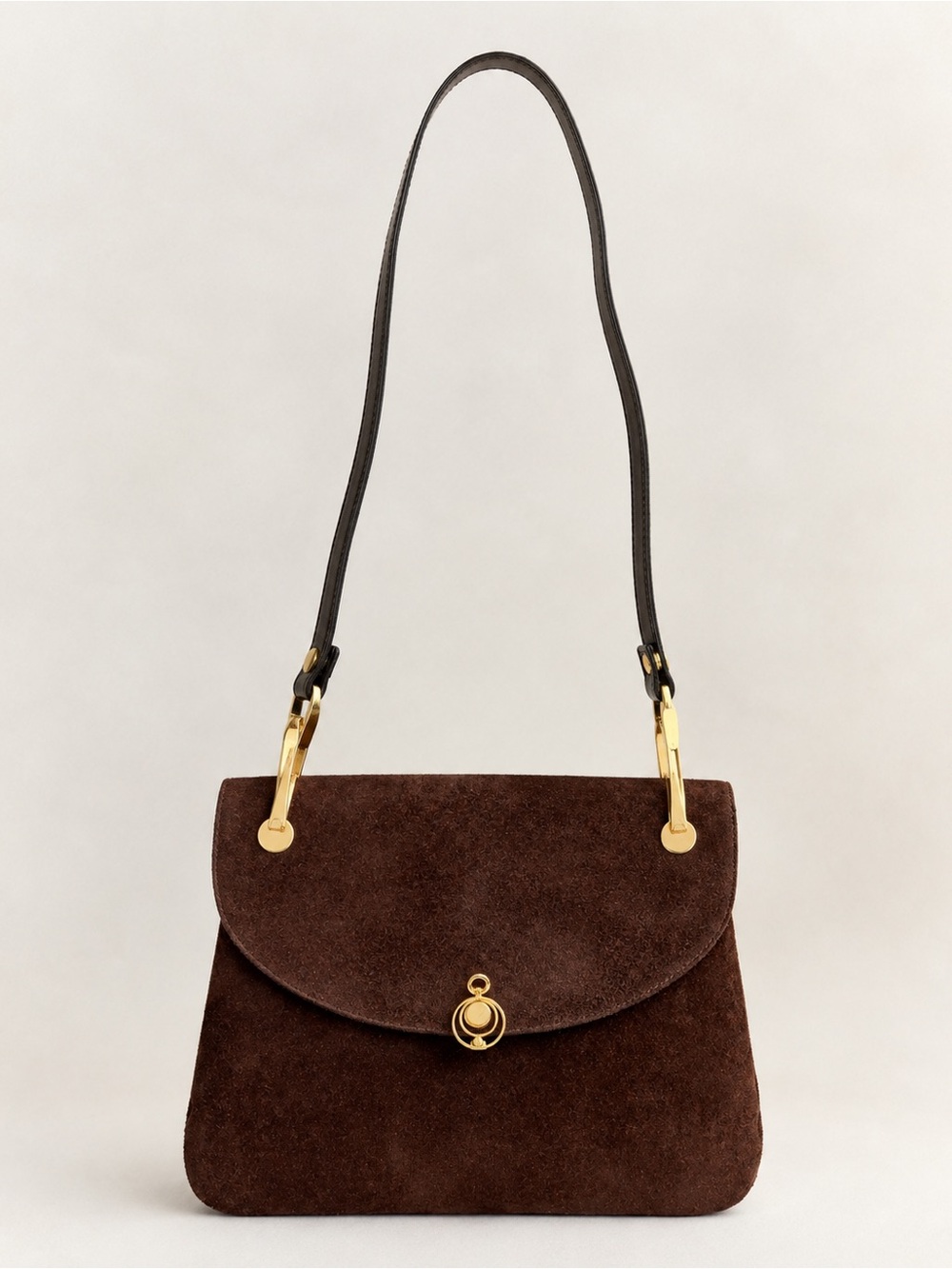 Classic Brown Suede Shoulder Bag with Gold Hardware